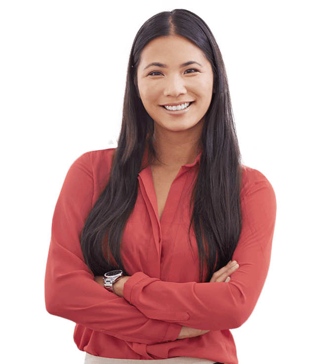 Woman smiling in red shirt after cosmetic dentistry