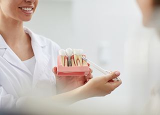 A dentist shows a patient a cross-section mouth mold that contains a single tooth dental implant