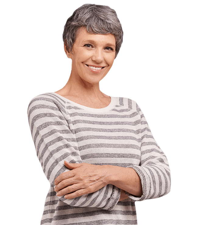 Woman with dentures in striped shirt smiling